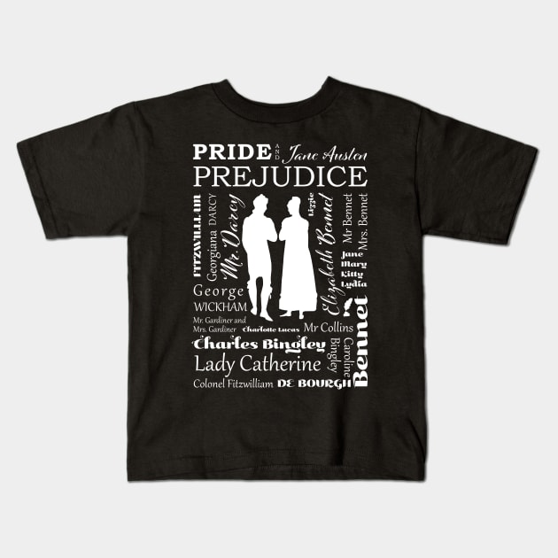 Pride and Prejudice Characters Typography Design - White Kids T-Shirt by MariOyama